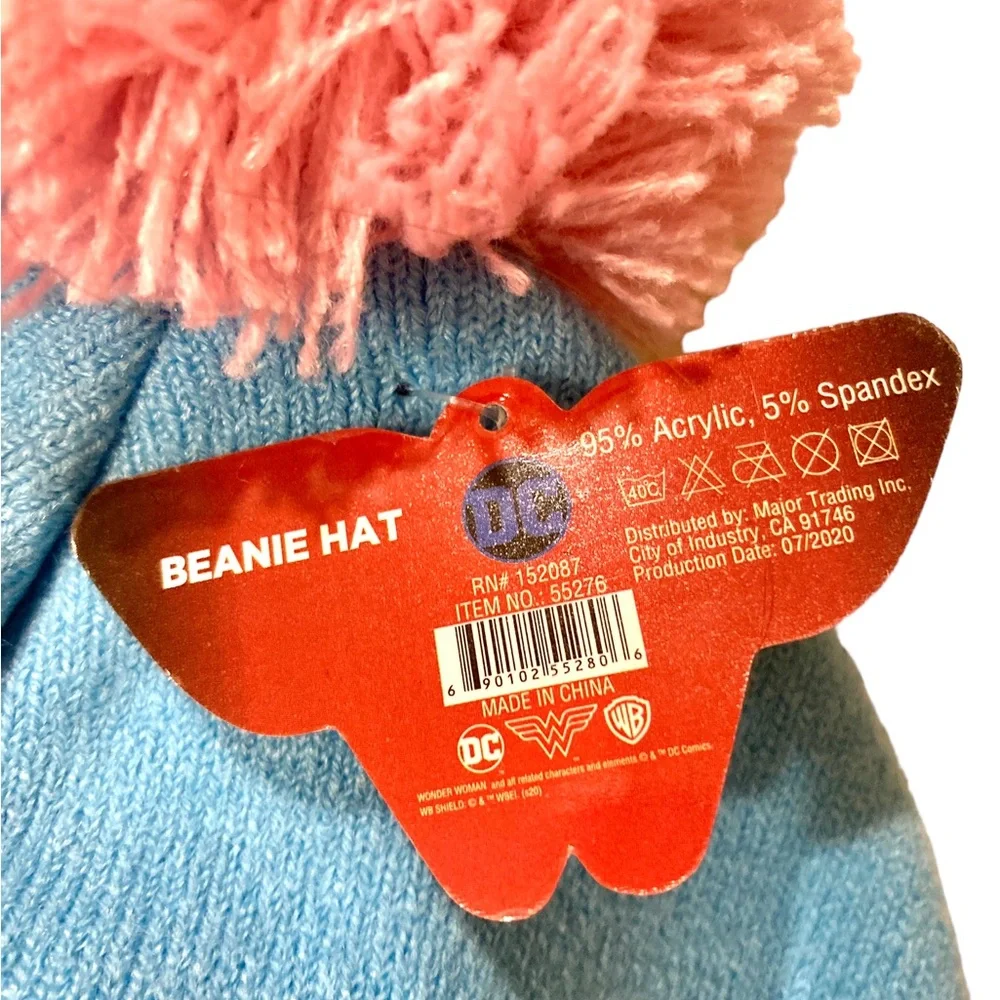 Wonder Woman beanie winter pom pom hat NWT baby pink & blue unique